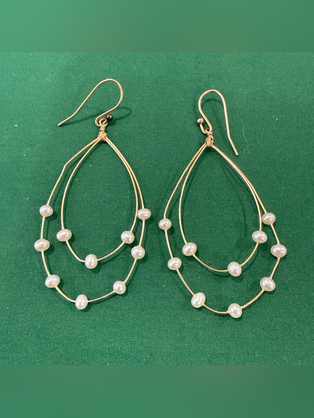 Goldtone Double Teardrop Earrings With Faux Pearls. 50F